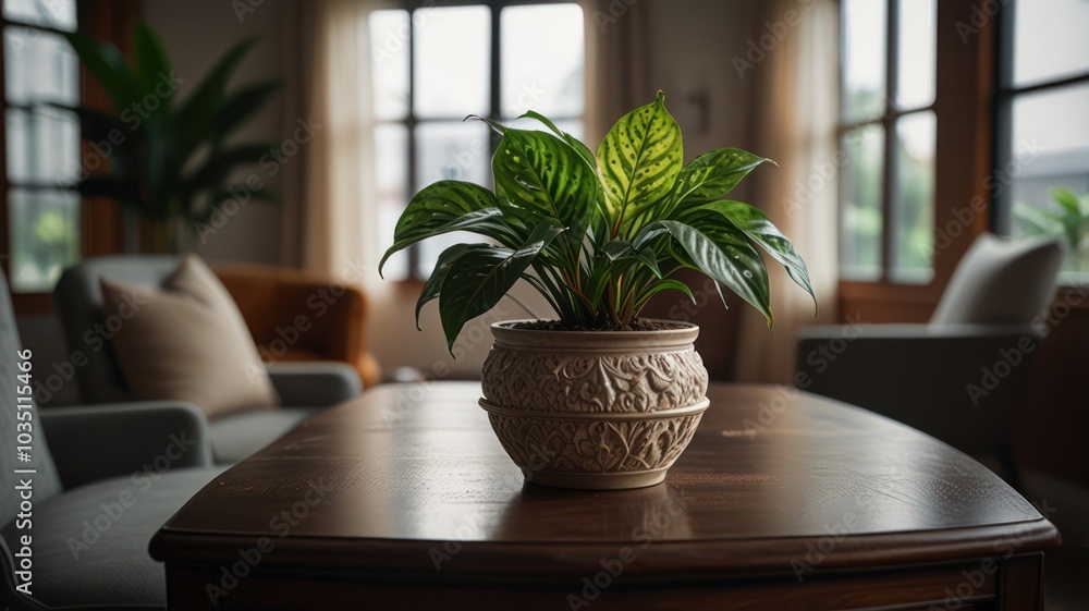 A potted plant sits on a wooden coffee table in a living room with two armchairs in the background. A potted plant sits on a wooden coffee table in a living room with two armchairs in the background.