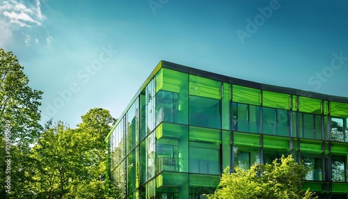 A modern green building surrounded by lush trees and blue skies, showcasing sustainable architecture and innovative design.