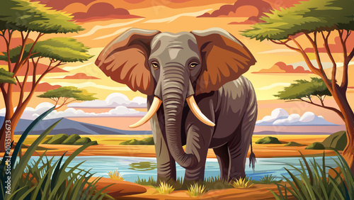 elephant vector in the african national park stands in savuti marsh, wildlife landscape