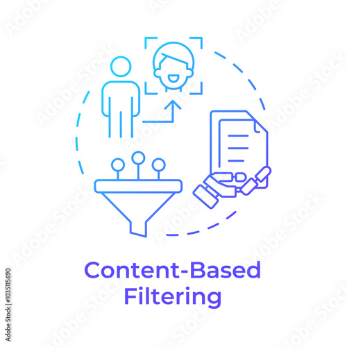 Content-based filtering blue gradient concept icon. Personalized advertising. Data control. Round shape line illustration. Abstract idea. Graphic design. Easy to use article, blog post