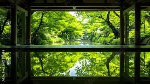 Reflected Tranquility: A Serene Pond Reflecting Lush Greenery in a Peaceful Garden