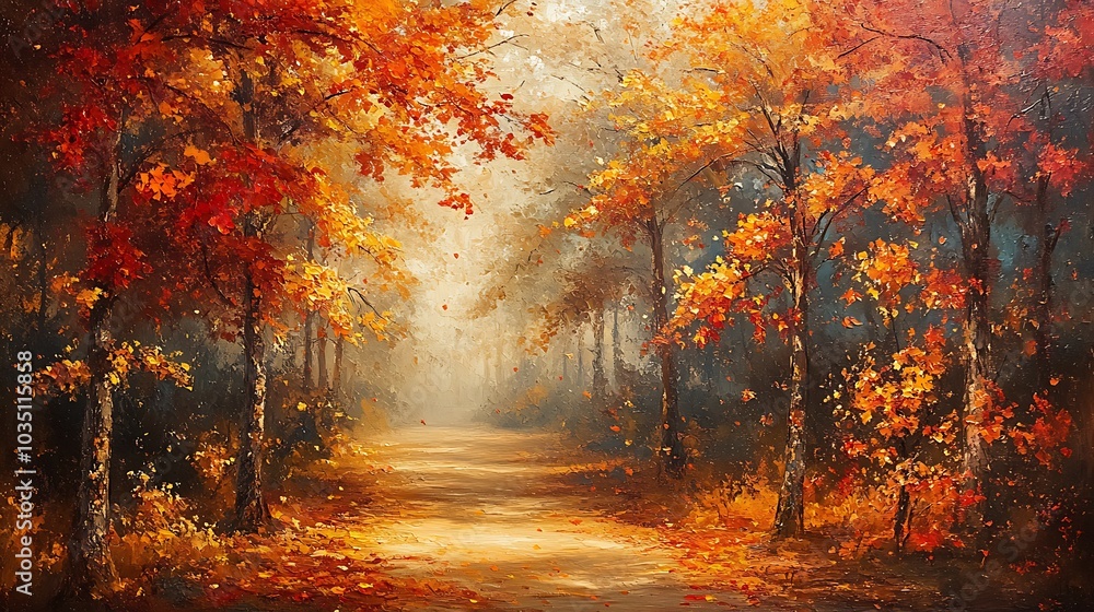 Fototapeta premium A scenic autumn landscape with vibrant red, orange, and yellow leaves falling gently from trees, a peaceful path winding through the forest, soft sunlight filtering through the canopy,