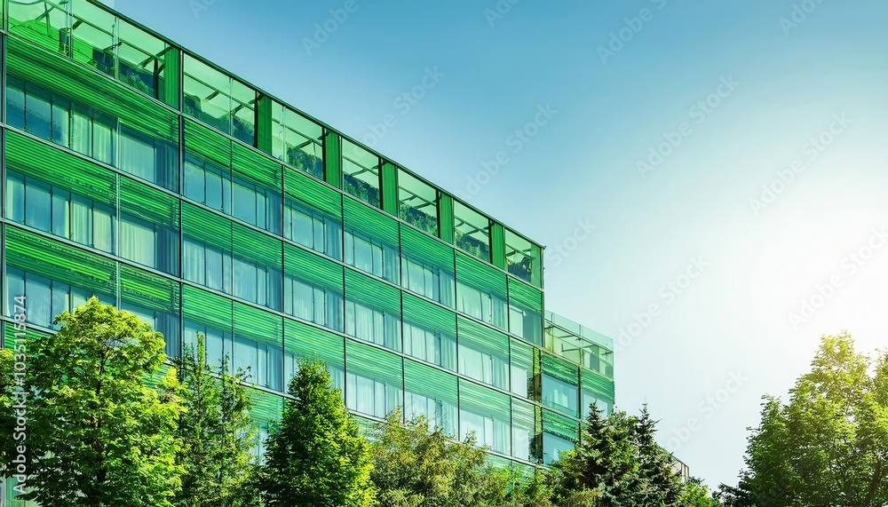 A modern building with a green facade, surrounded by trees, illuminated by sunlight. A modern building with a green facade, surrounded by trees, illuminated by sunlight.