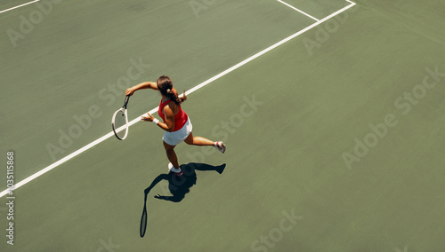 Fototapeta Naklejka Na Ścianę i Meble -  Aerial view of female tennis player executing a forehand on court