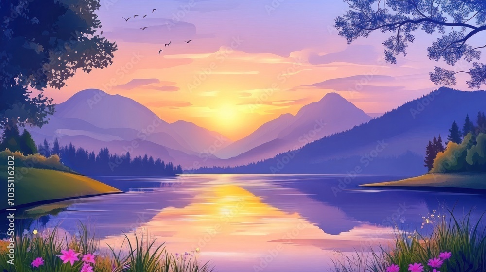 Obraz premium Beautiful nature vector featuring a valley, lake, and glowing sunset