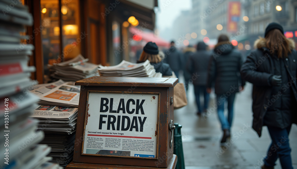Black Friday Sale Sign on a Busy Shopping Street Black Friday Sale Sign on a Busy Shopping Street