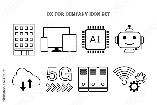 企業のDX化を表すアイコン素材―線のみ・塗りなし