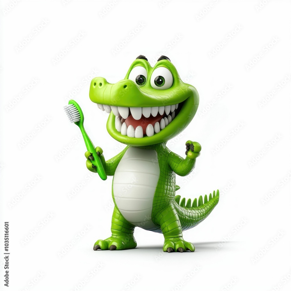 Fototapeta premium Cartoon crocodile holding a toothbrush on white background