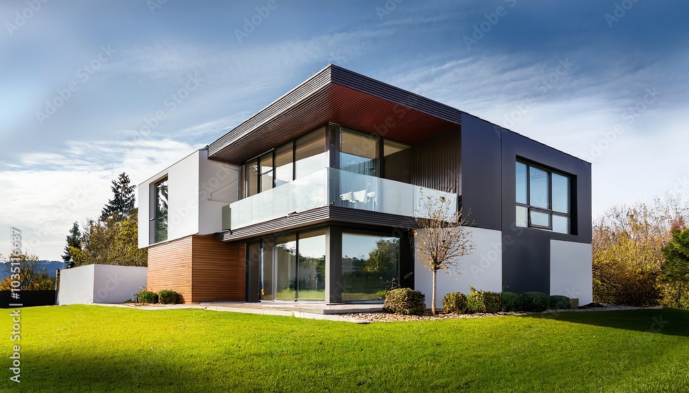 A modern house featuring large windows, a sleek design, and surrounding greenery, set against a clear sky. A modern house featuring large windows, a sleek design, and surrounding greenery, set against a clear sky.
