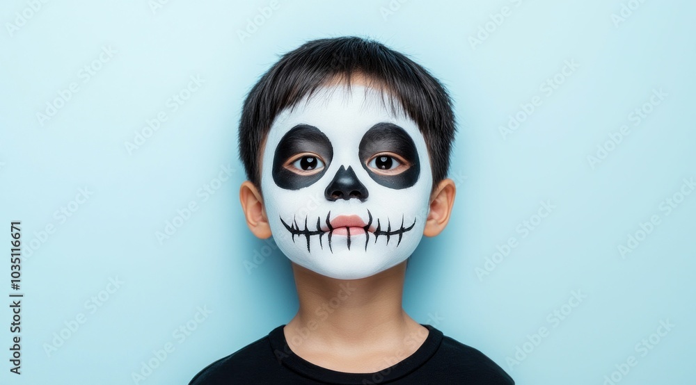Serious boy with skeleton makeup in striped outfit Serious boy with skeleton makeup in striped outfit