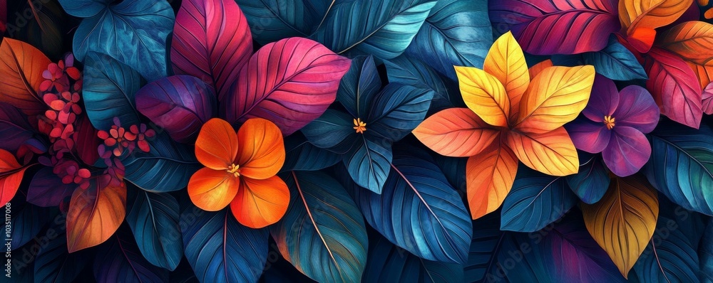A colorful bouquet of flowers is displayed in a blue background A colorful bouquet of flowers is displayed in a blue background