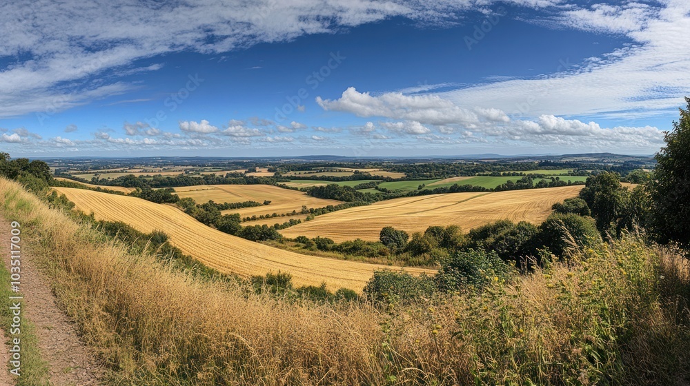 Rolling Hills and Fields under a Blue Sky with Puffy Clouds Rolling Hills and Fields under a Blue Sky with Puffy Clouds