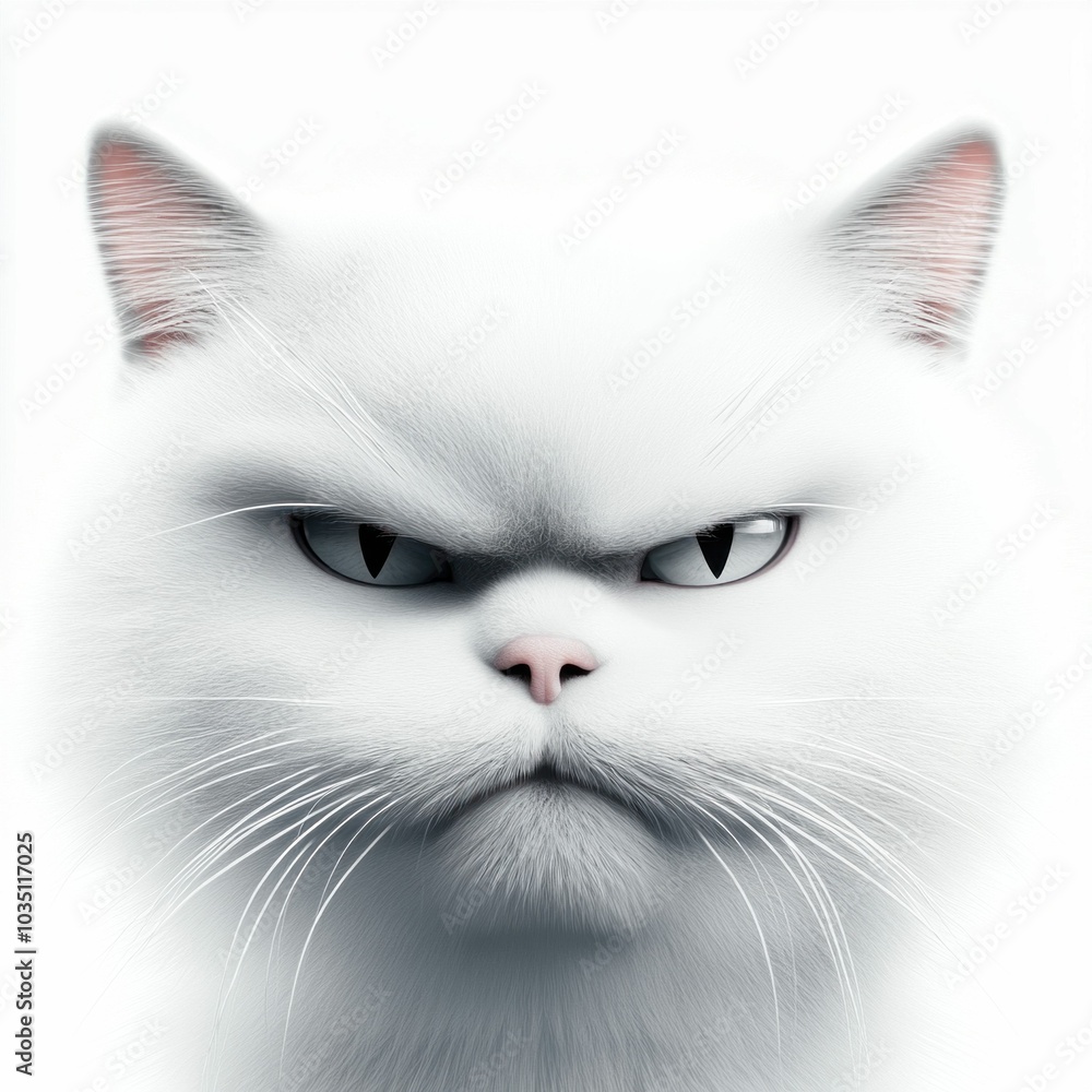 Fluffy White Cat with Angry Face on White Background Fluffy White Cat with Angry Face on White Background