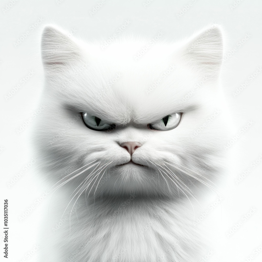 Fluffy White Cat with Angry Face on White Background Fluffy White Cat with Angry Face on White Background