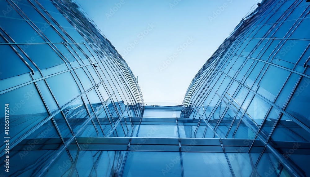 Obraz premium A stunning architectural shot showcases sleek glass structures with a bright blue sky overhead, emphasizing modern design and transparency.