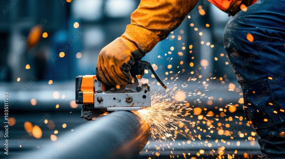 Worker Grinding Metal Pipe with Bright Sparks Worker Grinding Metal Pipe with Bright Sparks