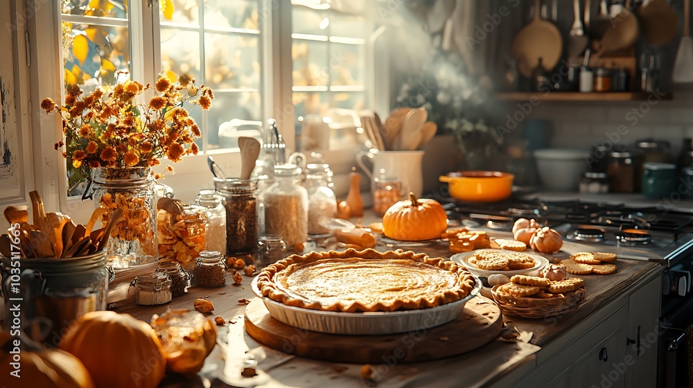 A Thanksgiving baking table filled with ingredients for pumpkin pie, cinnamon, nutmeg, and cloves, with pies in the oven, cookies cooling on racks, A Thanksgiving baking table filled with ingredients for pumpkin pie, cinnamon, nutmeg, and cloves, with pies in the oven, cookies cooling on racks,