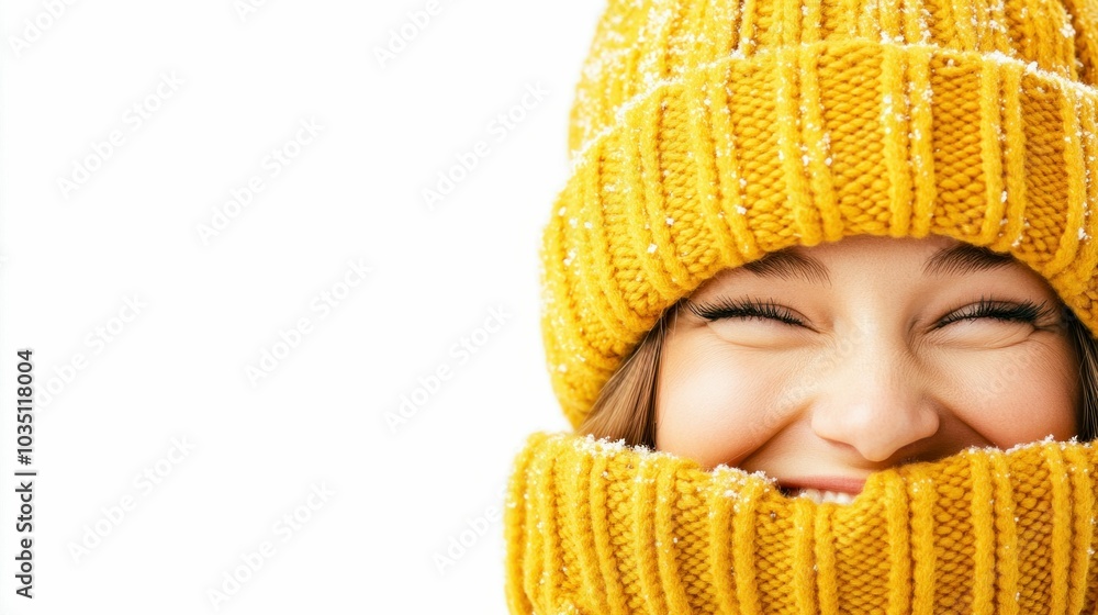 Womans Eyes Peeking Over Yellow Scarf and Hat Womans Eyes Peeking Over Yellow Scarf and Hat