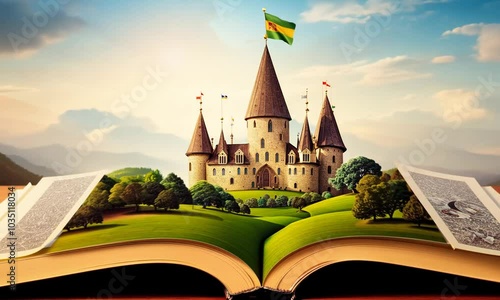 A grand castle with tall towers and a flag emerging from an open book, set against a sunset sky with a serene landscape.
