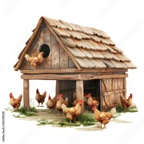 A cozy chicken coop surrounded by free-ranging chickens, showcasing a rustic farm environment with charming details. photo