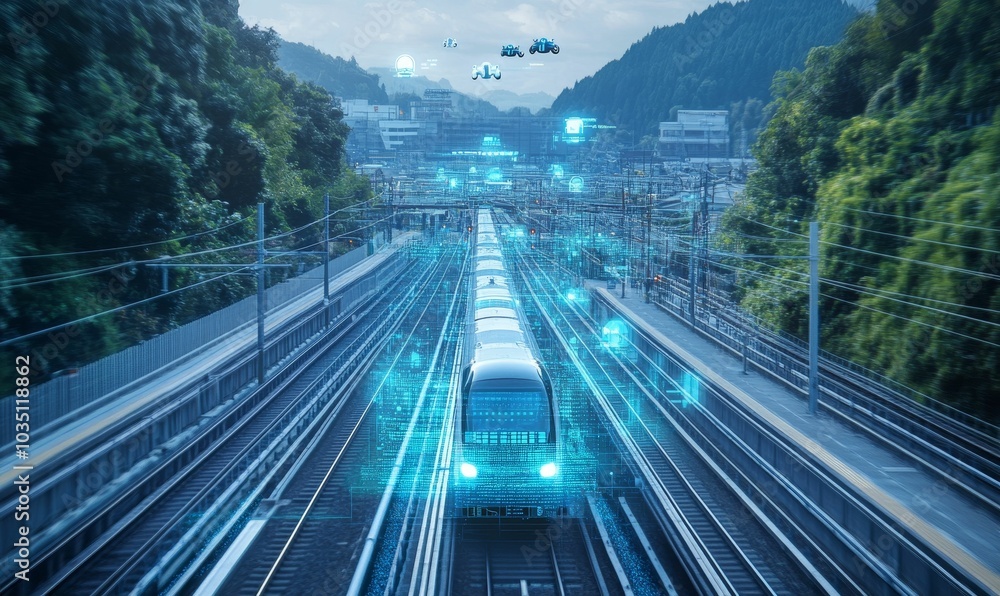 Train on tracks with futuristic digital overlay. Train on tracks with futuristic digital overlay.