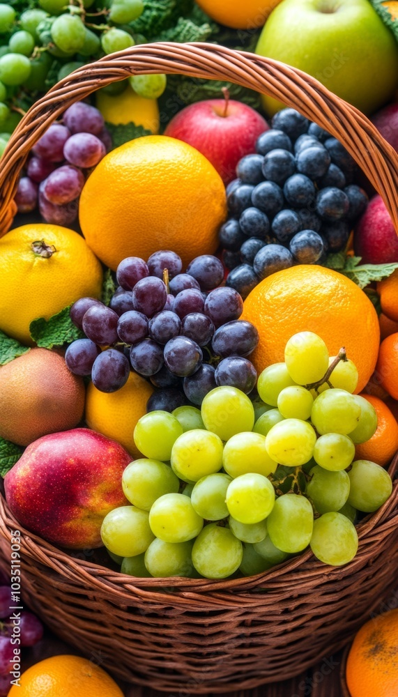 A wicker basket overflowing with a vibrant mix of fresh fruits, including grapes, oranges, apples, and more. A wicker basket overflowing with a vibrant mix of fresh fruits, including grapes, oranges, apples, and more.