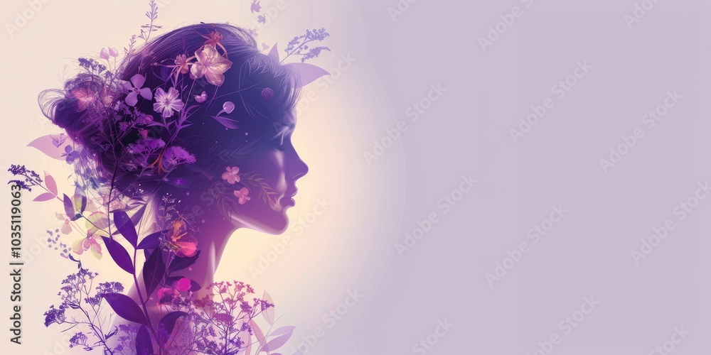 Female silhouette with floral elements in profile on a soft purple background. Female silhouette with floral elements in profile on a soft purple background.