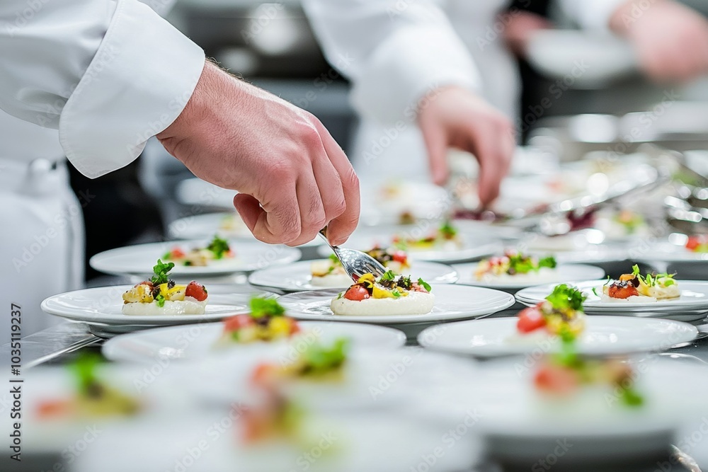 Fototapeta premium A chef carefully arranges a small, colorful dish on a plate, surrounded by many other beautifully prepared plates.