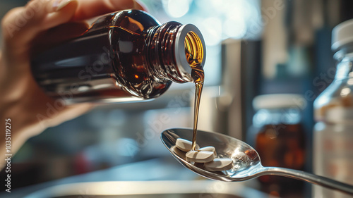 Woman's Hand Administering Flu Medicine by Pouring Syrup into Stainless Steel Spoon..