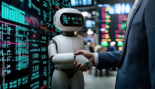 Wallpaper Mural A business professional shakes hands with a robot in a modern trading environment, showcasing the fusion of technology and finance. Torontodigital.ca