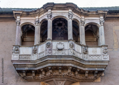 Spectacular balcony in a historic building in the city of Colmar, Alsacia, France photo