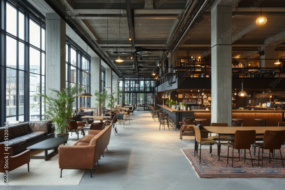 Spacious, modern restaurant with large windows, exposed beams, and a cozy atmosphere. Spacious, modern restaurant with large windows, exposed beams, and a cozy atmosphere.