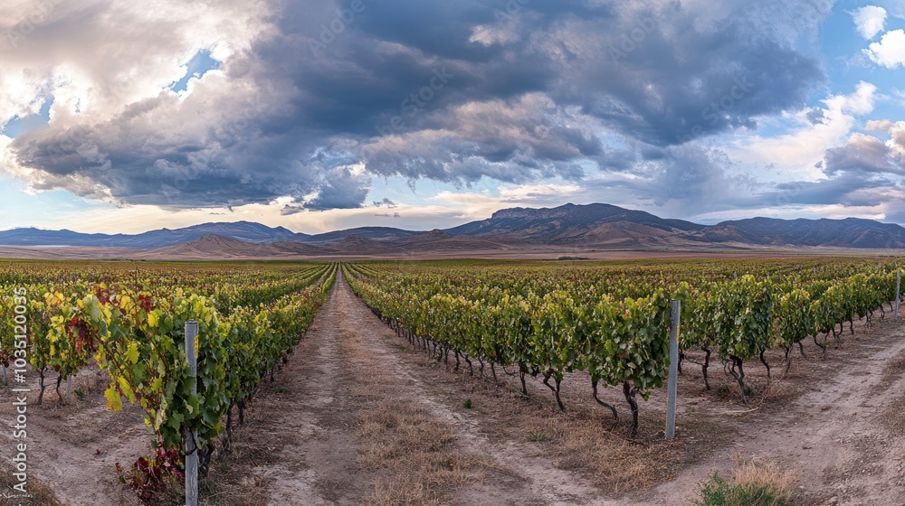 Fototapeta premium Vineyard Rows Leading Towards Mountain Range Under Cloudy Sky
