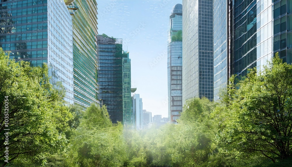 A vibrant urban scene showcasing modern skyscrapers surrounded by lush greenery under a clear blue sky. A vibrant urban scene showcasing modern skyscrapers surrounded by lush greenery under a clear blue sky.