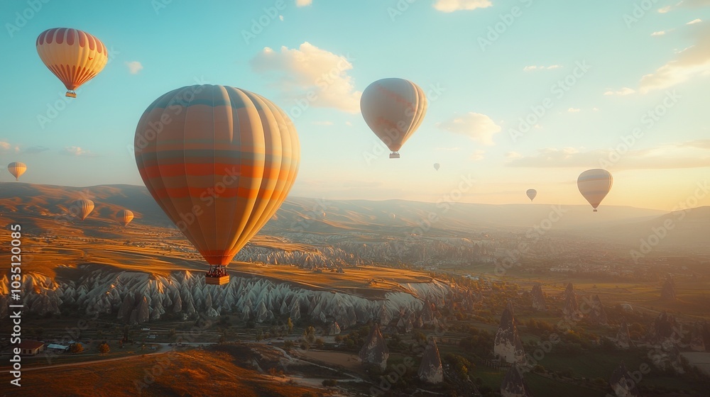 Naklejka premium Colorful Hot Air Balloons Over Scenic Landscape