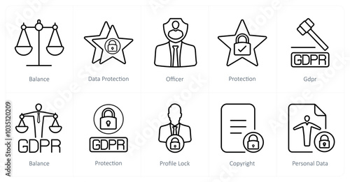 A set of 10 gdpr icons as balance, data protection, officer