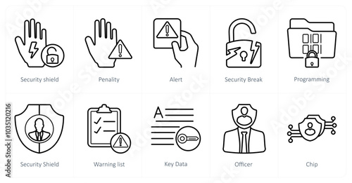 A set of 10 gdpr icons as security shield, penality, alert