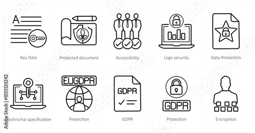 A set of 10 gdpr icons as key data, protected document, accessibility