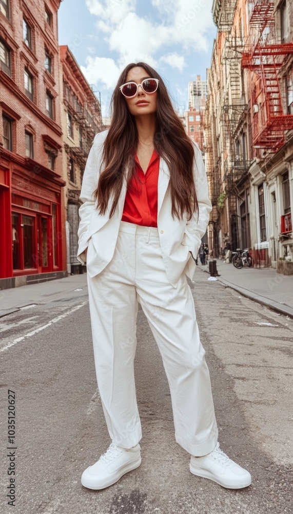 Obraz premium Young woman in white suit and sunglasses walks on a city street.