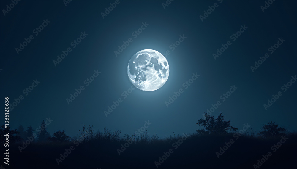 Naklejka premium Full Moon in a Dark Night Sky Over Trees