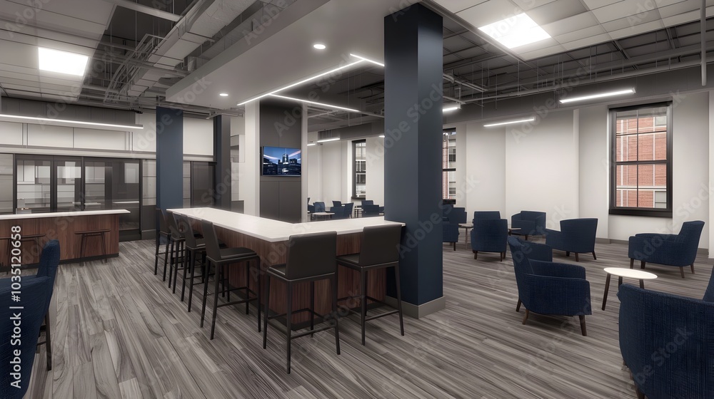 A modern and stylish open plan space featuring clean lines sleek furniture and warm wooden accents that create a cozy and inviting atmosphere A modern and stylish open plan space featuring clean lines sleek furniture and warm wooden accents that create a cozy and inviting atmosphere