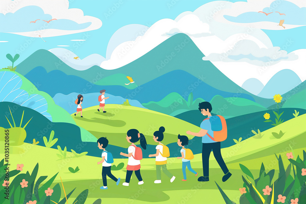 The teacher takes the primary school students on a spring outing The teacher takes the primary school students on a spring outing