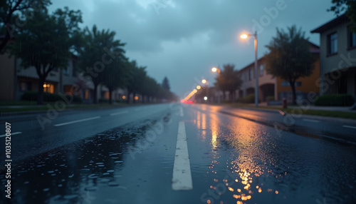  Wet Road Reflecting Street Lights on a Rainy Night