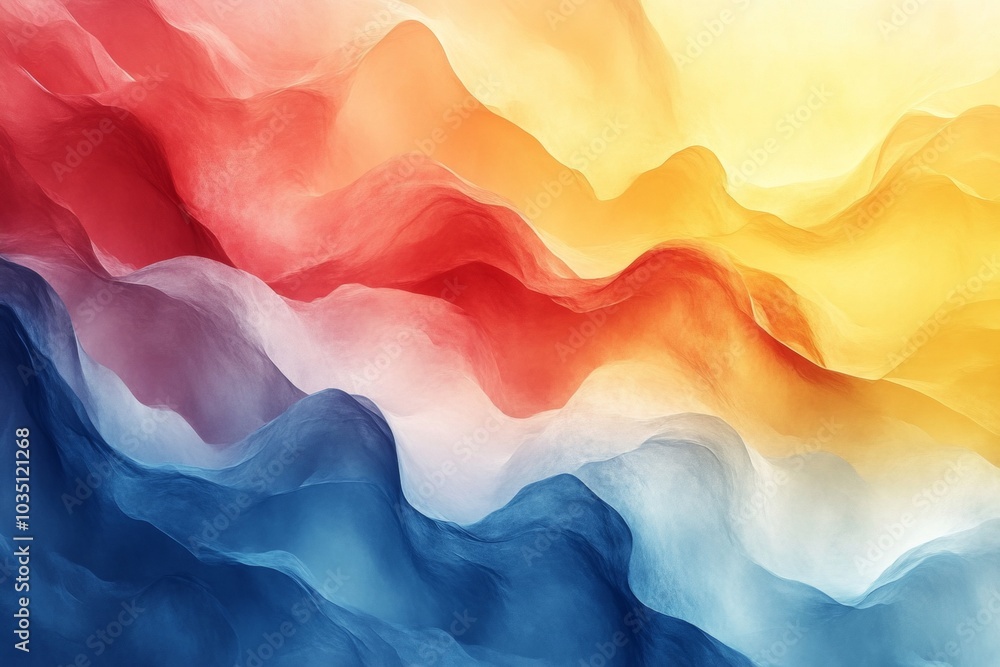 A painting of a wave with a yellow, red, and blue gradient A painting of a wave with a yellow, red, and blue gradient