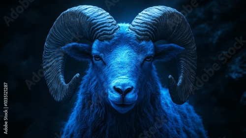 Majestic Blue Ram with Large Horns in Dark Forest