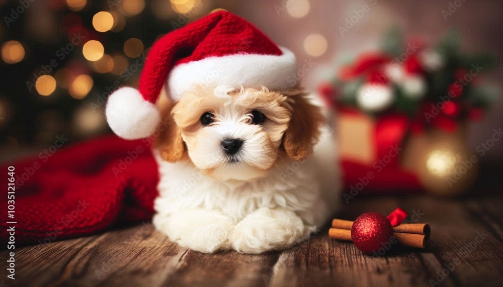 A Maltipoo puppy with a tiny Santa hat. Christmas and New Year A Maltipoo puppy with a tiny Santa hat. Christmas and New Year