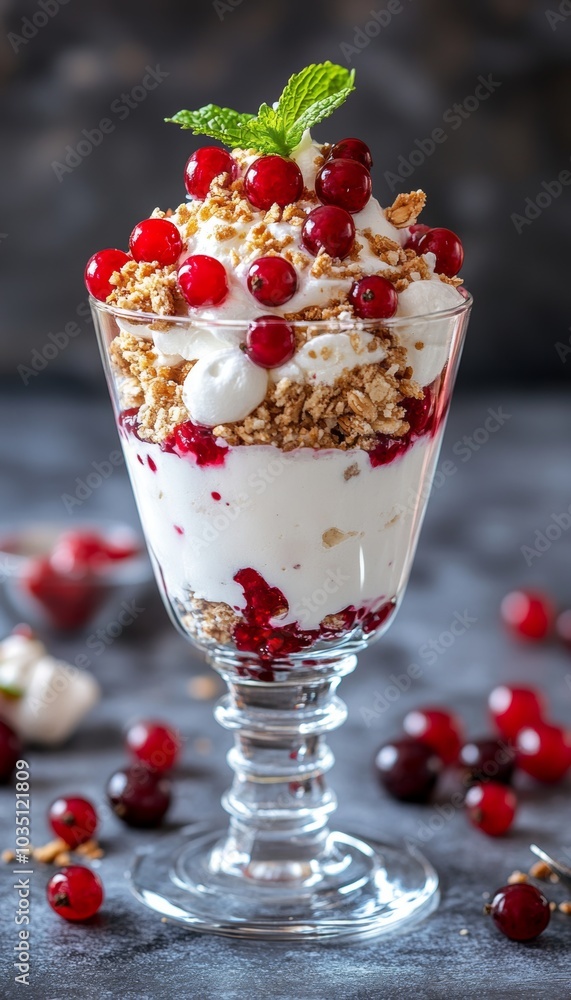A close-up of a parfait with red berries, whipped cream, and granola. A close-up of a parfait with red berries, whipped cream, and granola.