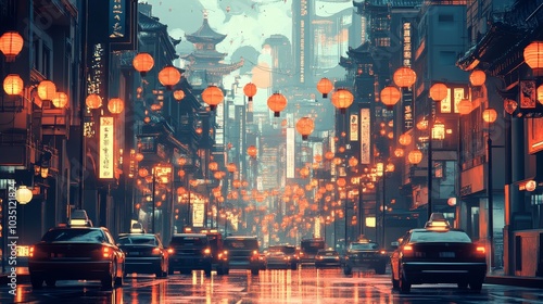 Asian City Street at Night with Red Lanterns and Cars