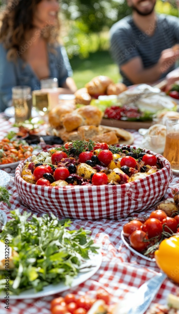 A picnic table spread with a variety of dishes, including a red and white checkered basket filled with a colorful salad. A picnic table spread with a variety of dishes, including a red and white checkered basket filled with a colorful salad.