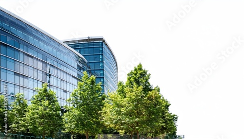 A modern building with glass facade surrounded by vibrant green trees under a clear sky.